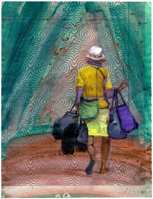 Dana Smith painting titled Departing Traveler with Handbags